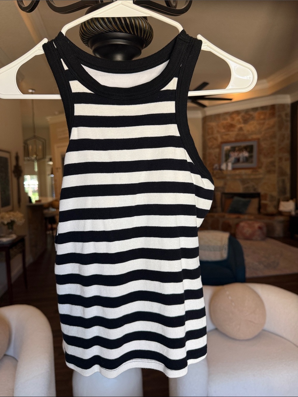 Black and White Striped Ribbed Tank Top with built in bra